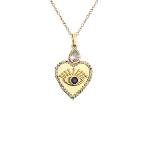 Golden heart-shaped Evil Eye pendant necklace with colorful zircon accents and O-chain