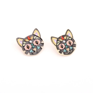 Creative black cat stud earrings with colorful flowers, dots and sparkling rhinestones