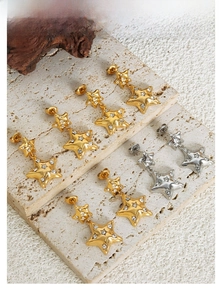 Detail of star-shaped titanium steel earrings with sparkling cubic zirconia in gold and silver
