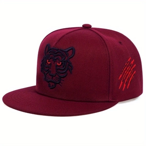 Burgundy flat brim baseball cap featuring tiger head embroidery and side scratch design