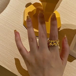 Polished gold double-layer heart open ring in minimalist brass design for women