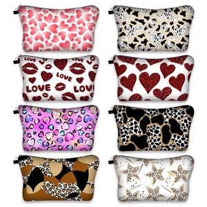 Collage of portable makeup bags with diverse heart and leopard print digital designs