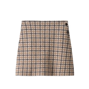 Jupe courte vintage pour femme en laine mélangée à motif pied-de-poule et boutons