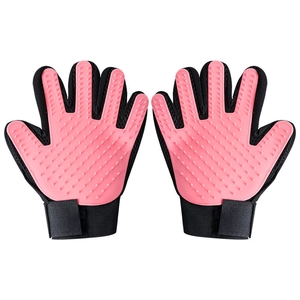Pink and black pet grooming massage gloves with soft silicone bristles and mesh fabric