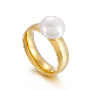 Elegant gold stainless steel ring with a large white pearl in a minimalist french style