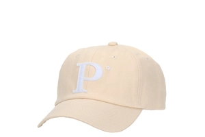Detailed view of high-quality white P embroidery on a beige cotton canvas baseball cap