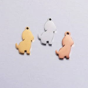 Polished stainless steel dog shaped jewelry pendants in gold, silver, and rose gold finishes