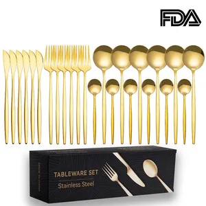 24-piece golden stainless steel cutlery set with spoons, forks, knives and gift box