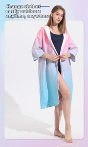 Detail of quick-dry hooded changing robe with pink and blue gradient for outdoor surfing