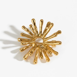 Elegant gold stainless steel sunflower brooch with sunburst radiating lines design