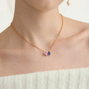 Collana Con Pendente in Acciaio Inossidabile Placcato Oro 18K Zirconia Cuore Rosa Goccia Blu Per Donna Gioielli Eleganti