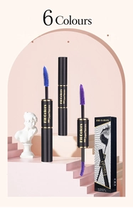 Dual-ended waterproof mascara brushes in blue and purple shades with product packaging