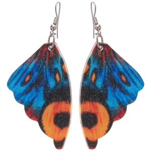 Vibrant blue and orange acrylic butterfly wing earrings with silver metal hooks