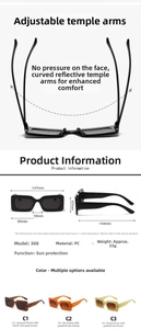 Detailed specs and dimensions for retro rectangular sunglasses with PC frame and thick temples