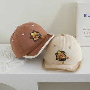Cute baby soft brim baseball cap featuring a windmill and capybara design in brown