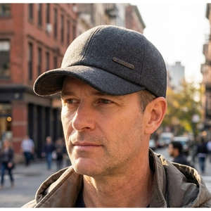 Detail of dark grey wool blend winter baseball cap with vintage metal sport emblem