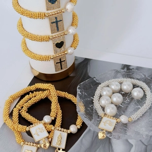 Bohemian pearl bracelet set with golden beads and square Faith religious charms