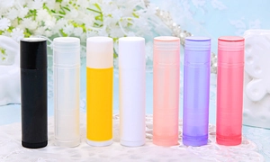 Detailed row of multi-colored empty 5g plastic lip balm tubes for cosmetic packaging