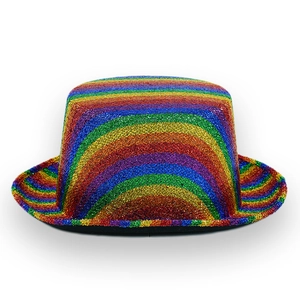 Regenbogenfarbener Glitzer-Zylinder für Festivals und Bühnenauftritte mit flachem Oberteil
