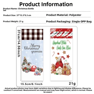 Detailed size chart for Christmas gnome wine bottle covers in festive polyester fabric