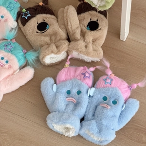 Moufles peluche monstre de dessin animé avec doublure polaire épaisse et décorations colorées