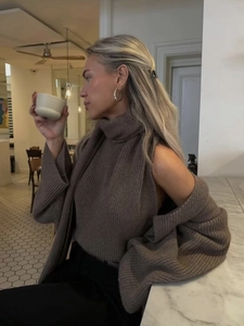 Women's dark brown chunky knit two-piece set with oversized scarf sweater top