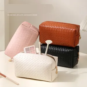 French style woven PU leather makeup bags in four colors with gold zippers