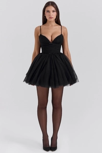 Detail view of the layered black mesh tulle fabric on a mini A-line princess dress