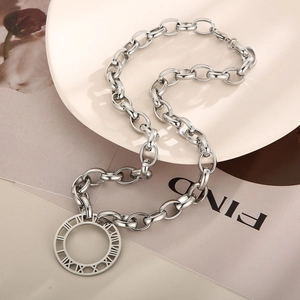 Silver chunky chain necklace with hollow roman numeral circle pendant for women