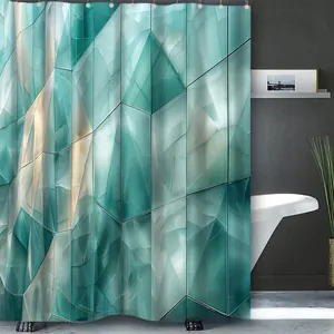 Detail of teal and white 3D geometric marble pattern on waterproof polyester shower curtain