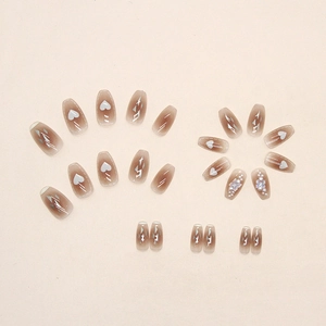 Short ballet press-on nails with mocha gradient, 3D aurora butterflies and pearl accents