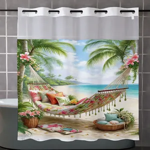 Detail of waffle weave shower curtain showing tropical beach print and metal grommets