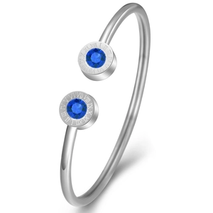 Detailed side view of silver stainless steel Roman numeral bangle with blue birthstones