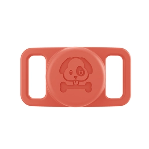 Detail view of coral red silicone AirTag holder for pet collars with embossed bone design