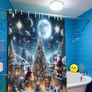 Detail of Christmas shower curtain with Santa Claus, reindeer, and snowman printed patterns