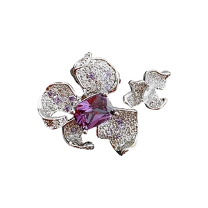 Elegant silver flower open ring with square purple zircon and micro-pave petals