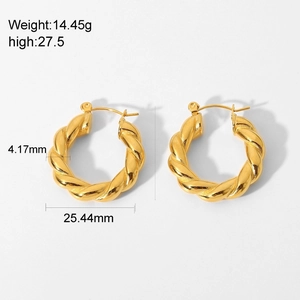 Macro shot of gold twisted hoop earrings with weight and size dimensions noted