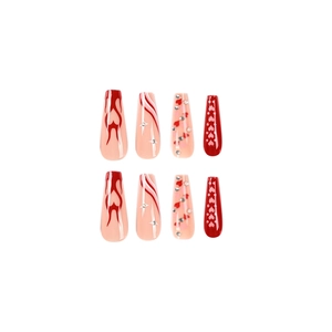 Long coffin press-on nails with red flame waves and 3D heart glitter for Valentine's Day