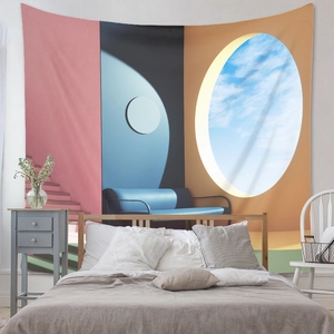 Detail of modern abstract tapestry featuring minimalist sofa and colorful geometric shapes