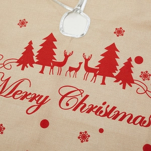 Linen Christmas tree skirt with red reindeer and Merry Christmas print, 1 meter diameter