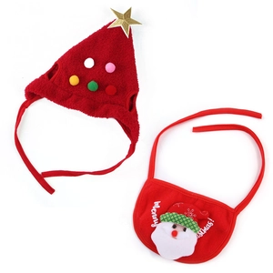 Close-up of pet Christmas set with red Santa hat and Merry Christmas bib on white background