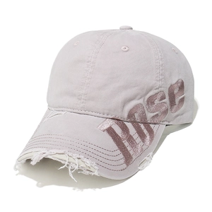 Detail of the distressed brim and purple cotton twill fabric with ROSE embroidery