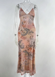 Detail of double-layer mesh fabric featuring a pink paisley and floral pattern print