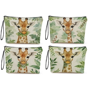 Watercolor Giraffe Print Makeup Bag Linen Canvas Cosmetic Pouch Portable Travel Wash Bag With Zipper Wristlet