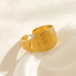18k gold plated stainless steel tree of life open ring on white silk background