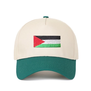 Detailed view of Palestine flag embroidery on a vintage two-tone trucker baseball cap