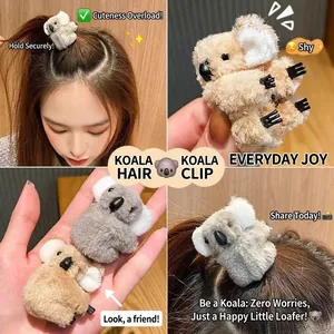Cute plush koala hair clip in grey and brown colors shown on model for hair styling