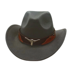 Western Cowboy Hat Suede Felt Retro Outdoor Wide Brim With Metal Bull Head Leather Band Men Women Sun Protection
