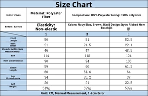 Size chart showing S, M, L dimensions for the ribbed hem women baseball jacket
