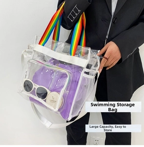 Detail of transparent PVC tote bag featuring rainbow straps and spacious interior storage